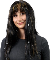 Wig with black hair decorated with golden stripes and stars