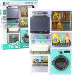 Vaikų vonios kambarys su skalbimo mašina, kriaukle ir šviesos bei garso efektais