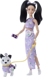 Barbie dvigubas gėlių outfitas – lėlė su šuniuku ir priedais