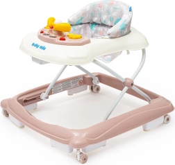 Vaikiškas vaikštynė BABY MIX su vairu ir silikoniniais ratukais – rožinė
