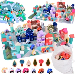 Pastelinis medinis rinkinys Miestas su dėlionės žaidimų kilimėliu