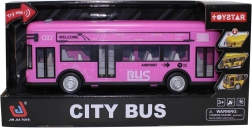 Rožinis miesto autobusas su garsais ir šviesomis