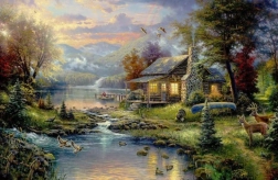 Deimantinė mozaika – kalnų namelis prie ežero 30 × 40 cm
