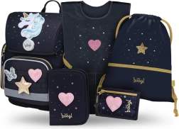 Baagl mokyklinis rinkinys 5 vnt. Ergo Unicorn Gold – kuprinė, penalas, maišelis, prijuostė ir piniginė