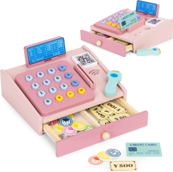 Medinė kasa vaikams su skaitytuvu, monetomis ir mokėjimo kortele