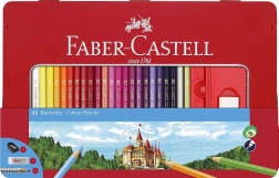 Medinės šešiakampės pieštukinės kreidelės FABER-CASTELL 48 vnt. metaliniame dėkle su drožtuku, trintuku ir pieštukais