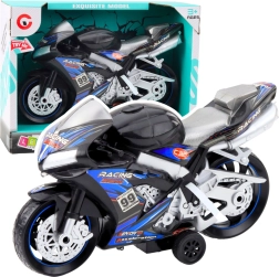 Juodai mėlynas lenktyninis motociklas su šviesos ir garso efektais