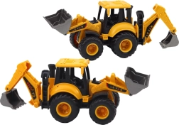 Statybinė transporto priemonė – geltonas ekskavatorius su dviem kaušais ir reguliavimu