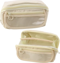 Cream Folding Pencil Case with Transparent Pocket
