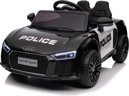 Vaikiškas policijos elektromobilis AUDI R8, maitinamas baterija, su nuotolinio valdymo pultu, EVA ratais, sklandžiu pajudėjimu, MP3 ir LED