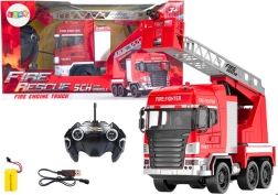 RC gaisrinis automobilis su besisukančiomis kopėčiomis ir vandens purškikliu bei šviesomis