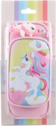 Pink pencil case with unicorn motif and charm