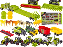 Farm agricultural machinery set with tractors, a combine harvester and animals