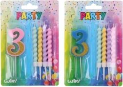 Vakarėlio žvakė skaičius 3 su papildomomis žvakutėmis