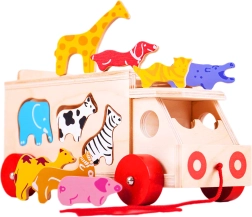 Bigjigs Toys medinis traukiamas žaislas su gyvūnėliais ir formų rūšiuokle