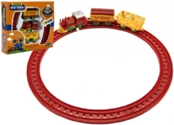 Rakteliu užsukamas traukinys su dviem vagonais ir bėgiais