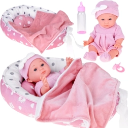Audininė lėlytė kūdikis su rožiniu lizdeliu ir priedais