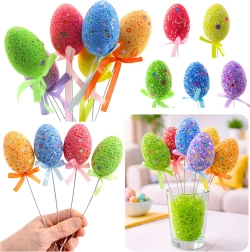 Easter eggs on wire with colorful patterns and ribbon - 6 pcs