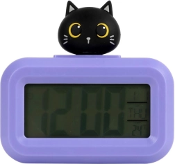 Violetinis skaitmeninis žadintuvas su katinėliu