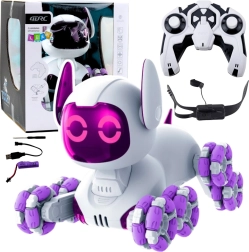 Interaktyvus robotinis šuniukas TOOBY su nuotoliniu valdymu 4WD, 360°, LED ir garsais – baltai violetinis
