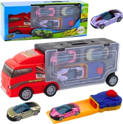 Raudonas sunkvežimis su mobiliu garažu ir paleidikliu + 3 automobiliukai