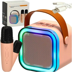 Karaokės rinkinys su „Bluetooth“ garsiakalbiu, 2 belaidžiais mikrofonais ir 6 W LED apšvietimu – rožinis