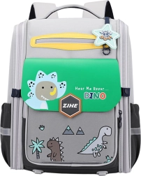 School Backpack with Dinosaur Motif and Chest Strap Gray-Green 21L