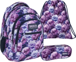 Mokyklinis rinkinys BackUP Violet Flowers 3in1 – kuprinė, penalas ir maišelis