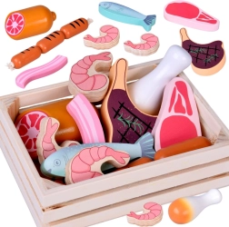 Wooden crate with meat food items for children