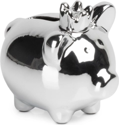 Ceramic piggy bank, silver with mirror shine, 9.5 × 7 × 8.5 cm