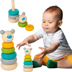 Medinė Montessori žiedų bokštelio dėlionė su meškiuku SMALL FOOT