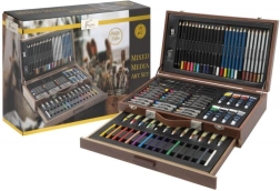 Didelis medinis kūrybinis lagaminėlis – 91 dalių rinkinys piešimui ir tapybai