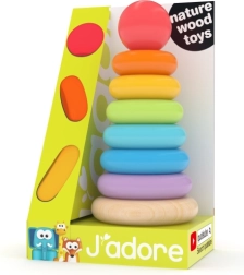 Vaivorykštiniai žiedai ant stulpelio – medinis lavinamasis žaislas patiems mažiausiems