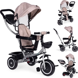 Vaikiškas 2‑in‑1 triratis su pasukama sėdyne ir sulankstomu stogeliu, smėlio spalvos ECOTOYS