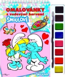 Spalvinimo knygelė Smurfai su akvarelėmis ir teptuku, žiedinė įriša 21 × 23 cm