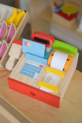 Wooden children’s toy cash register for playing shop with scanner