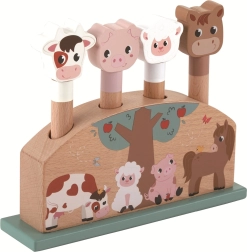 Šokinėjantys ūkio gyvūnėliai – medinis pop-up žaislas patiems mažiausiems