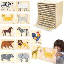 Montessori medinių 12 gyvūnėlių dėlionių rinkinys su stovu Viga