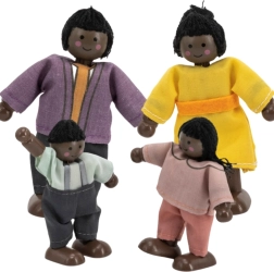 Viga wooden family of dolls with textile outfits, 4 pcs, dark skin tone