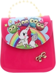Kids’ handbag with unicorn and owls, pink, glossy
