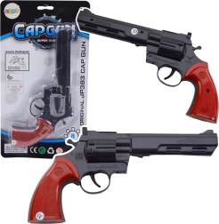 Juodas kapsulių revolveris – žaislas ir rekvizitas su realistišku garsu