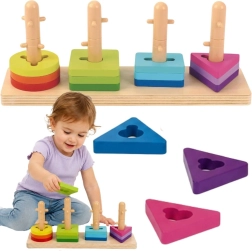 „Tooky Toy“ medinė geometrinių formų dėlionė ir vėrimo žaislas
