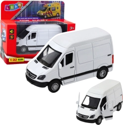 Metalinė 1:32 furgono miniatiūra su atgaline trauka, šviesomis ir garsais – balta