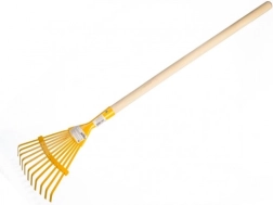 Vaikiškos plokštelinės grėblės su mediniu kotu 80 cm – geltonos