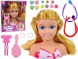 Lėlės stilizavimo galva su karoliukais, segtukais ir spalvotomis sruogelėmis