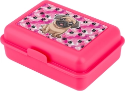 Rožinė priešpiečių dėžutė su šuns iliustracija