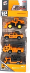 Metalinių statybinių automobiliukų rinkinys 1:64 – 4 vnt., su atitraukimo mechanizmu