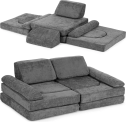 Sulankstoma modulinė vaikiška sofa 2 vaikams iš 10 dalių, iš minkšto apmušto audinio – pilka ECOTOYS
