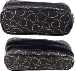 Black Pen Case with Golden Hearts Two-Chambered