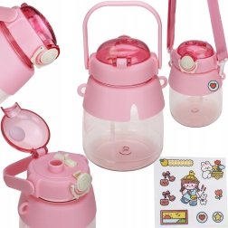 Kids’ water bottle with straw and strap 1 L – pink